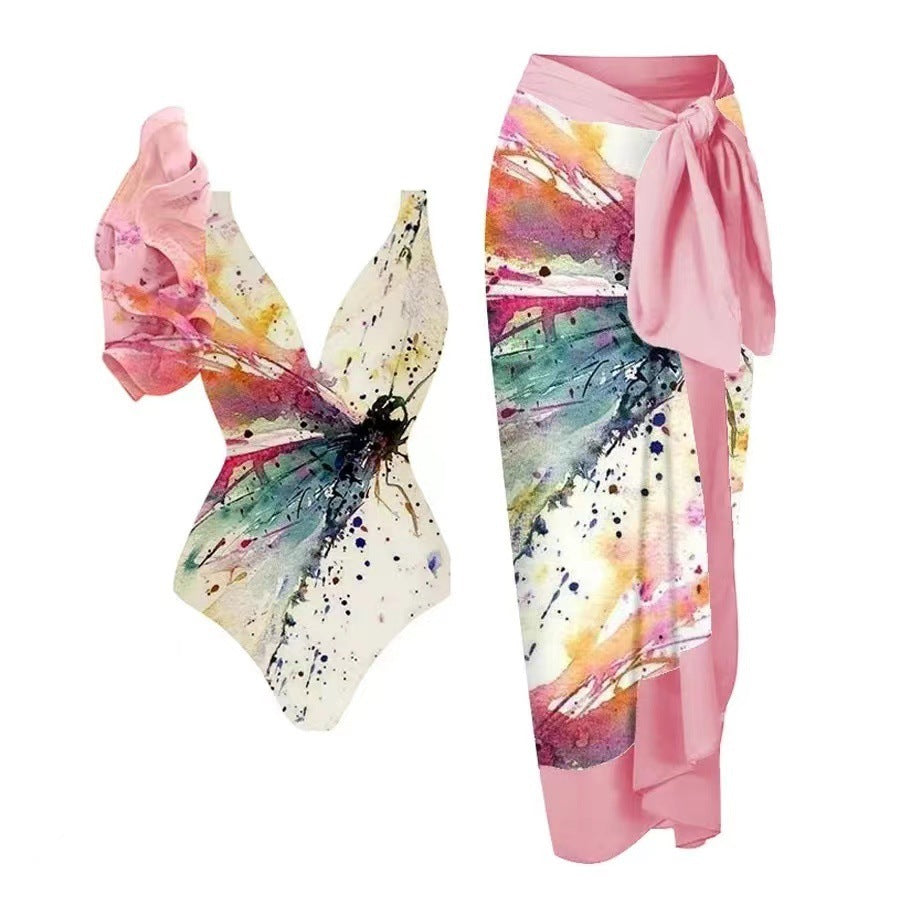 Ladies' Conservative Tummy Hiding Chiffon One-piece Swimsuit Bikini Suit