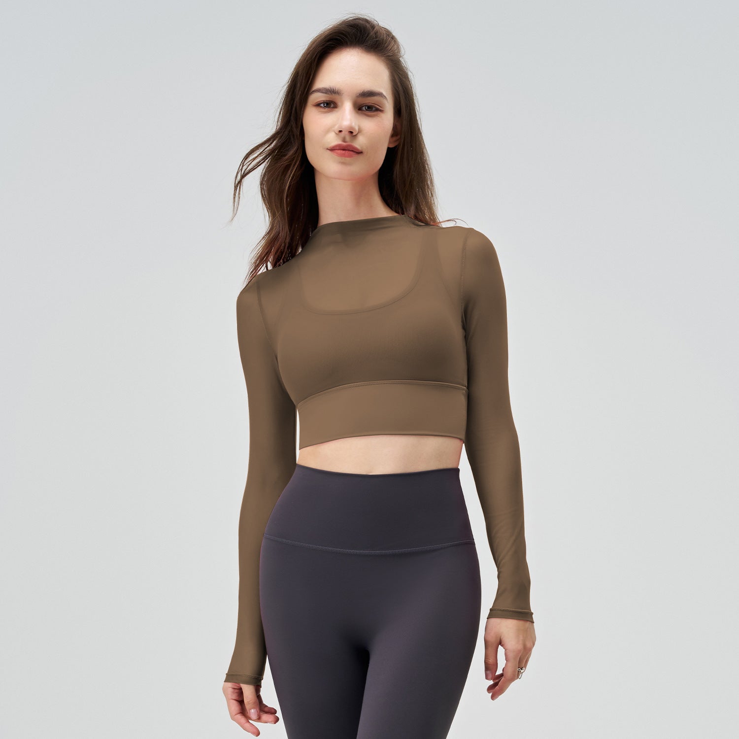 Exercise Mesh Slimming T-shirt Women's Summer Round Neck Quick-drying Long Sleeve Sexy Thin Long Sleeve Yoga Clothing Top