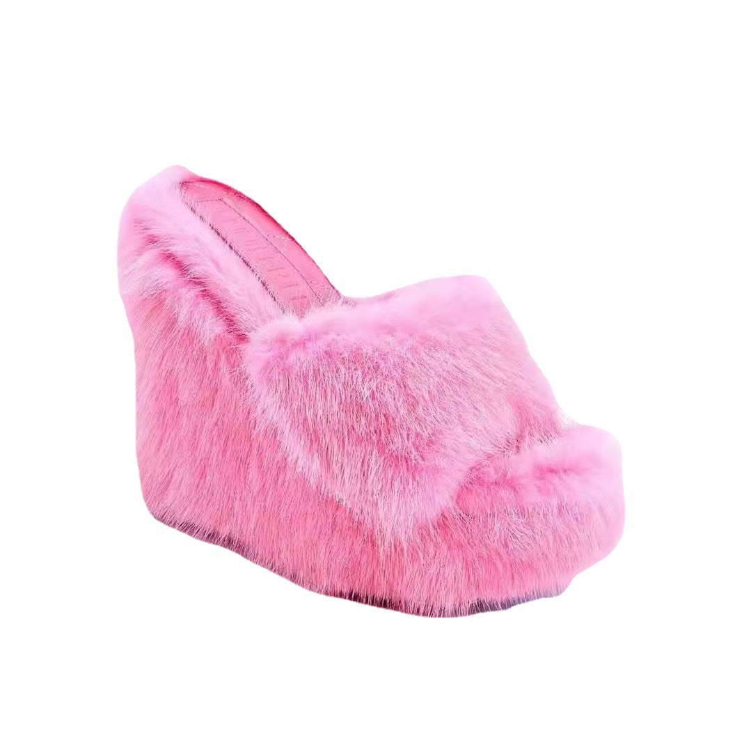 Mink Fur Slippers Platform Wedge Heel Fashion Outdoor Women's Shoes