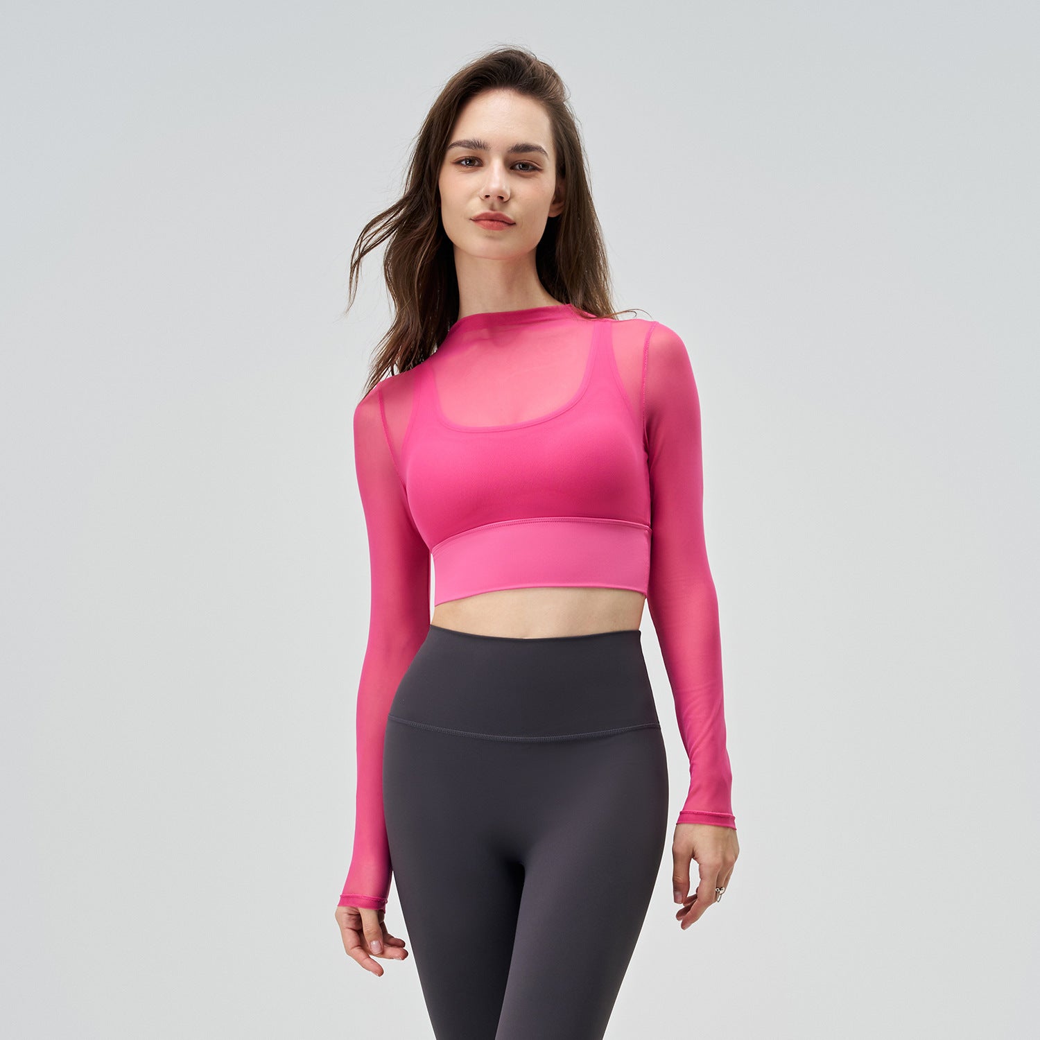 Exercise Mesh Slimming T-shirt Women's Summer Round Neck Quick-drying Long Sleeve Sexy Thin Long Sleeve Yoga Clothing Top