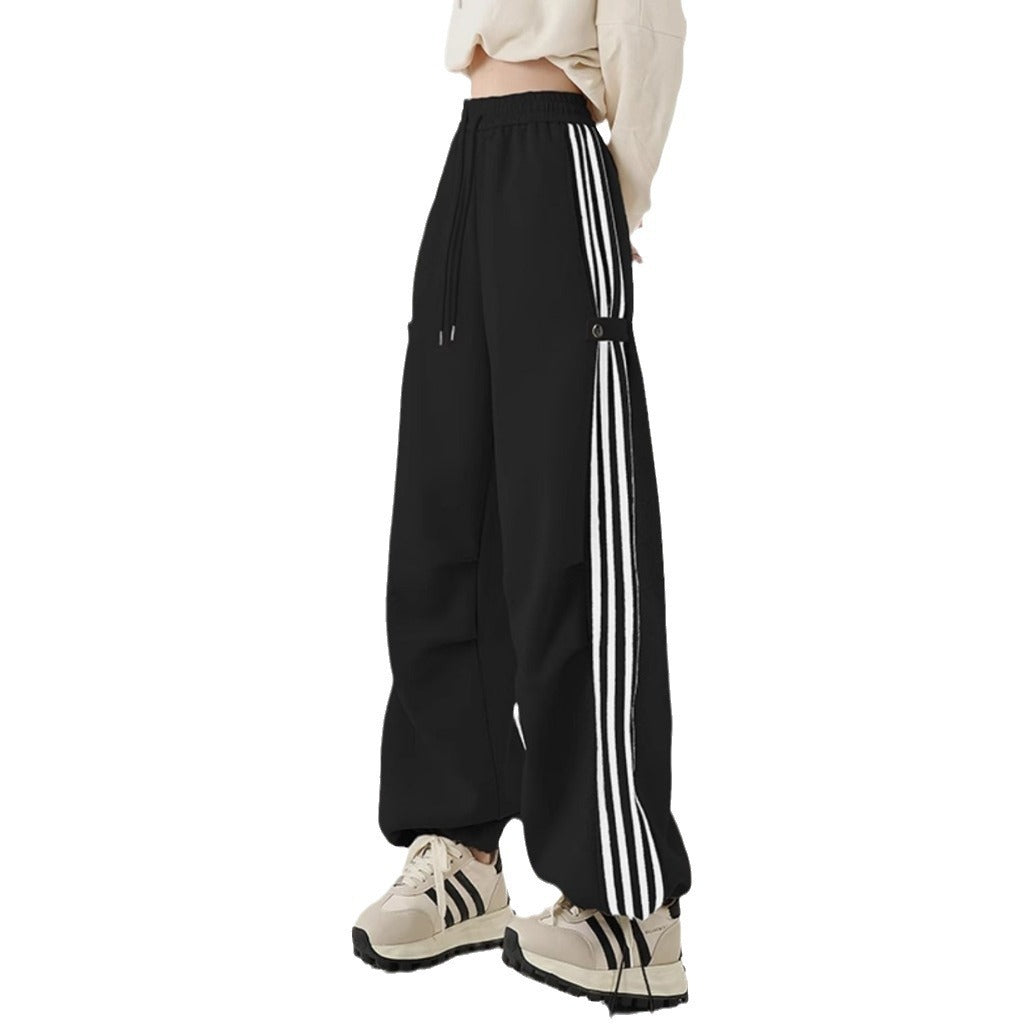 Side Stripe Cotton Blend Wide-leg Baggy Pants Korean Casual