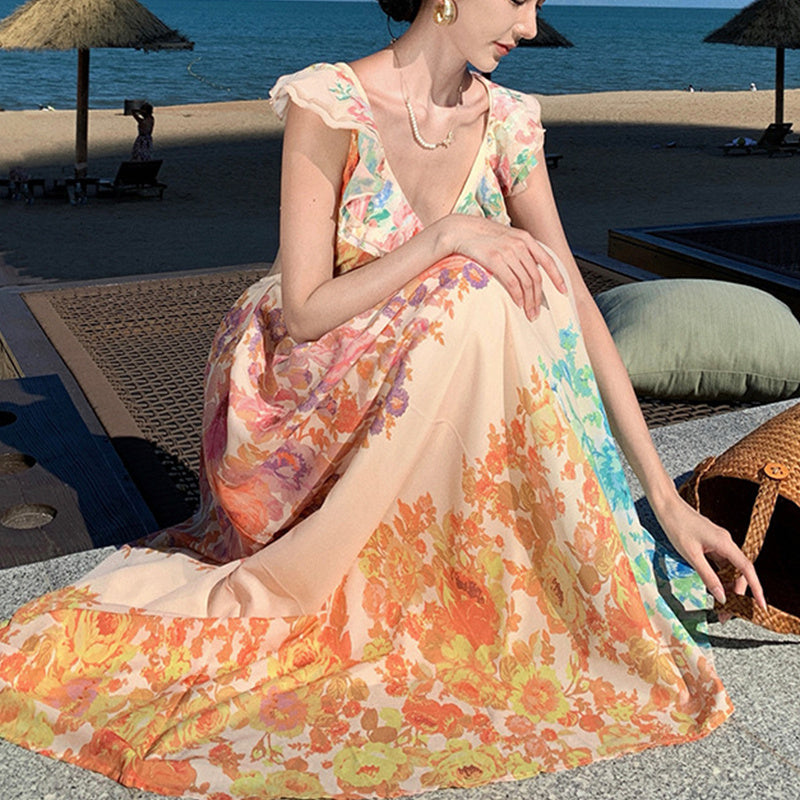 Ruffle Sleeve V-neck Maxi Dress Summer Romantic Florals Bow-knot Backless Beach Vacation Dress