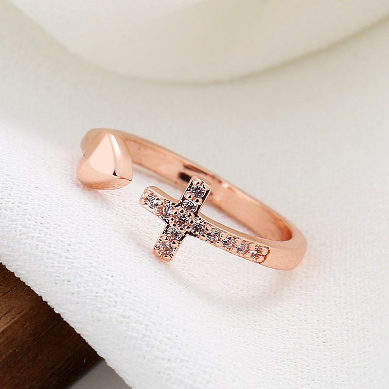 Cross Heart Ring with Rhinestones Open Adjustable Ring