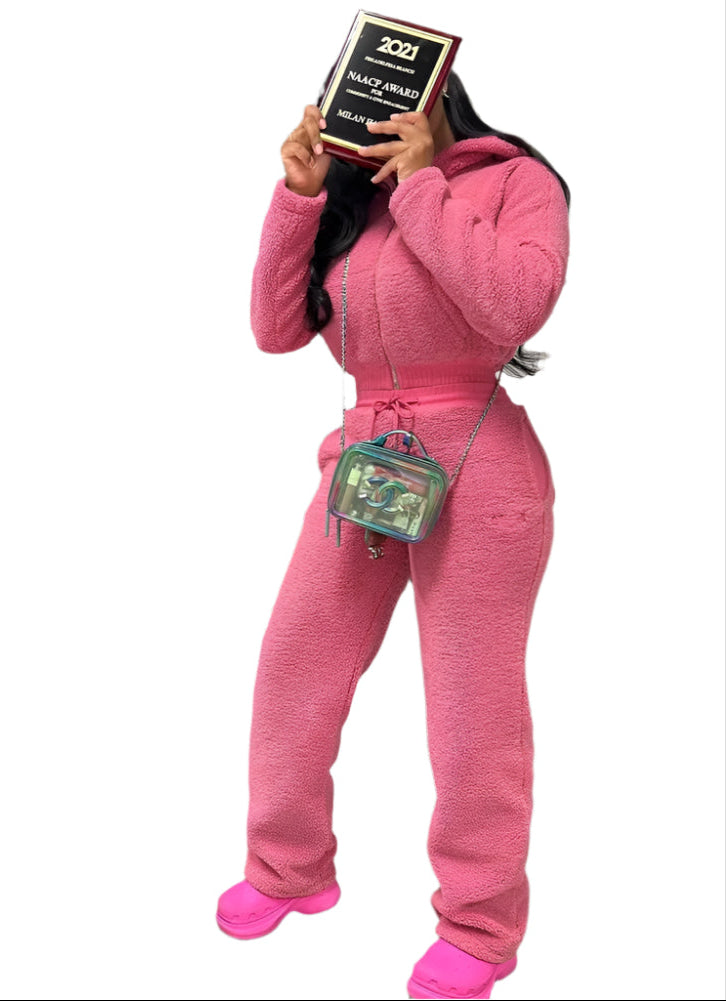 Matching Fleece Long Sleeve Crop Top and Pants Set