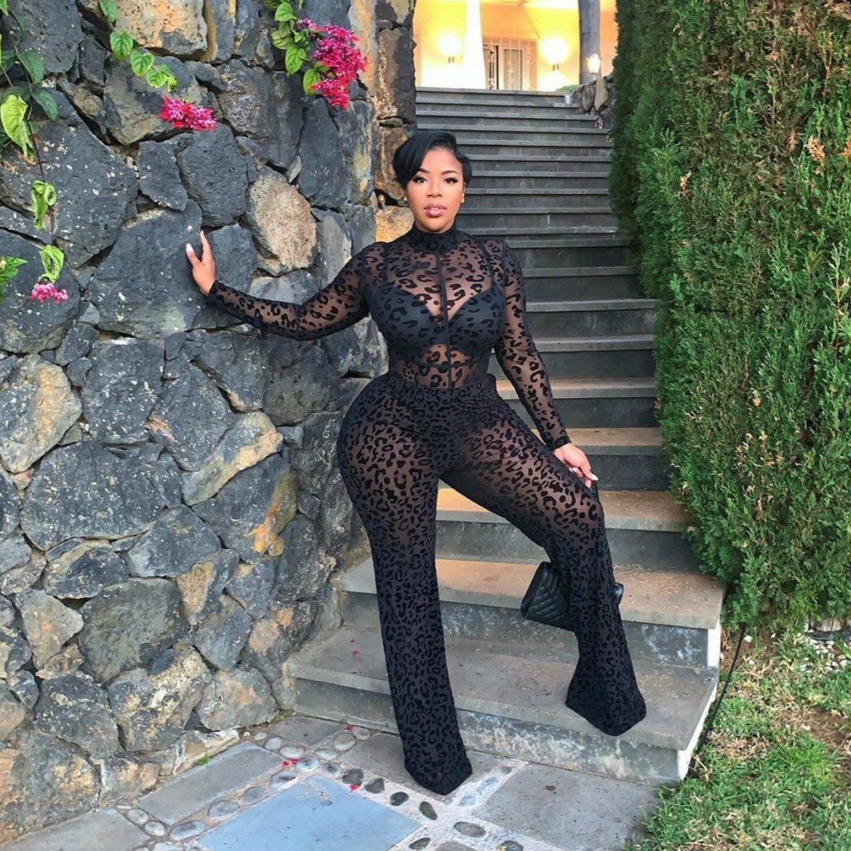 Sheer Mesh Leopard Print Jumpsuit