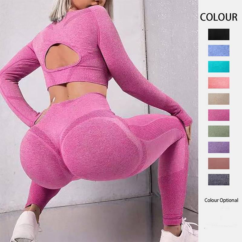 2pcs Sports Set Long Sleeve Cutout Tops And Butt Lifting High Waist Seamless Fitness Leggings Yoga Gym Sportswear Outfits Clothing