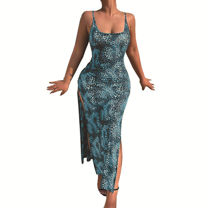 European And American Holiday Temperament Slit Skirt Fashion Leopard Animal Print Dress