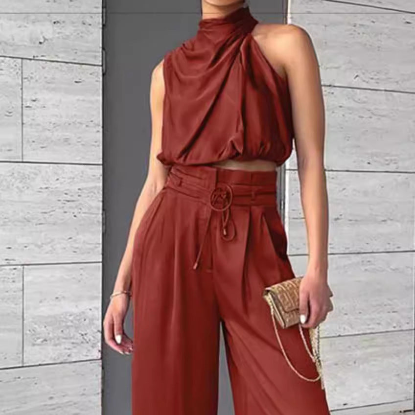 Women's Summer Sets Casual Sleeveless Midriff-baring Top & Wide Leg Pants 2pcs Set