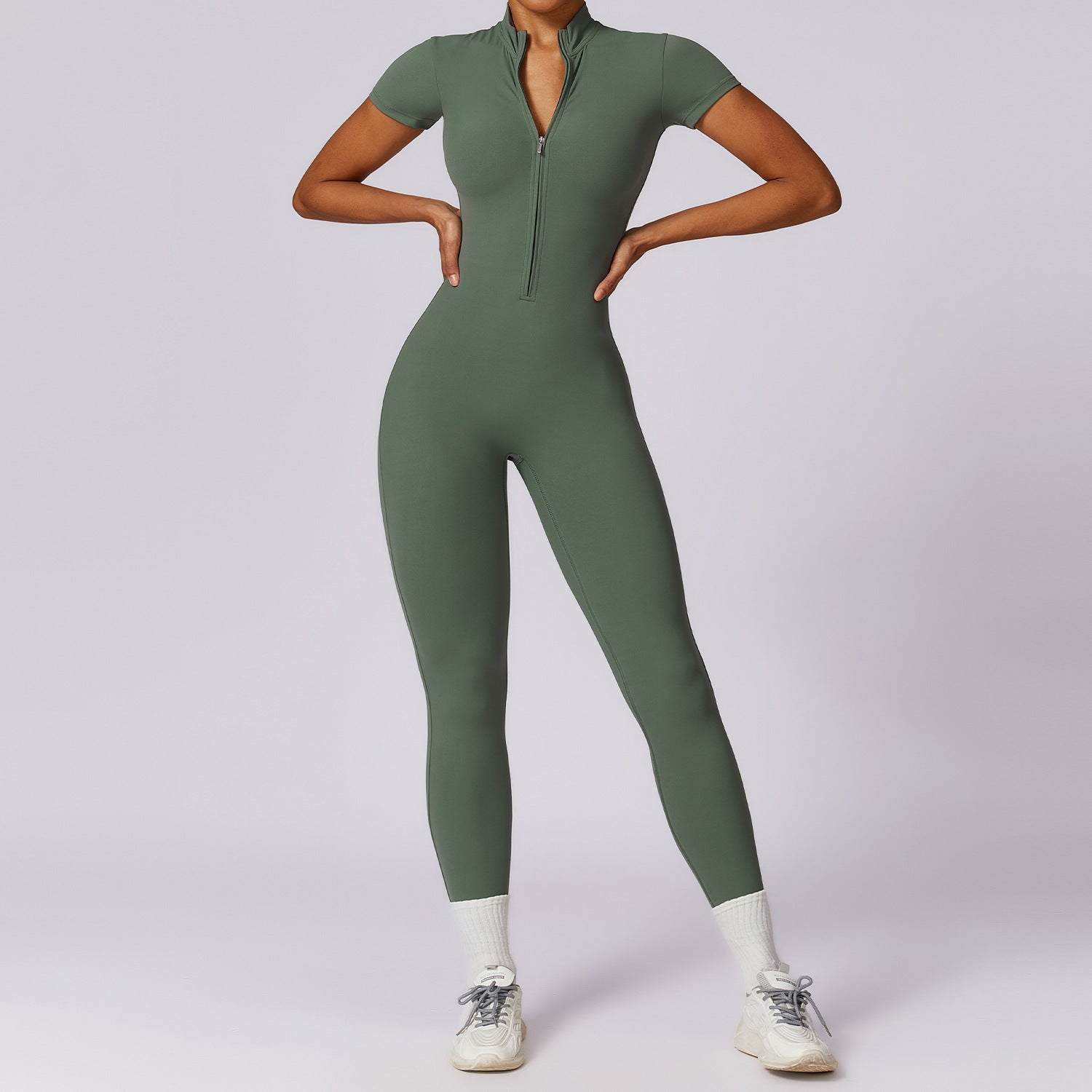 Short Sleeve Nude Feel Yoga Zipper Jumpsuit