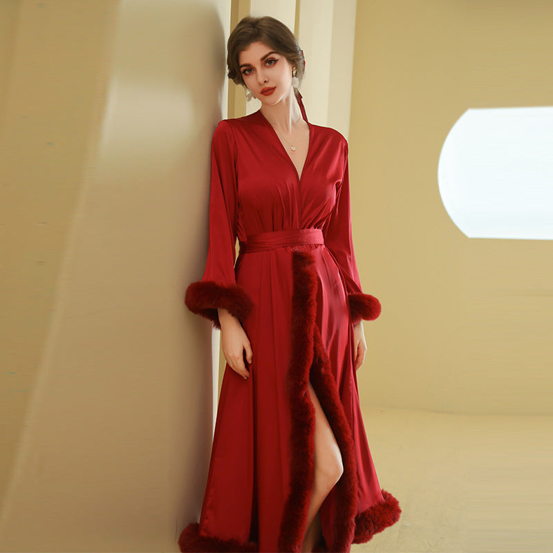 Fur Trim Kimono Satin Bathrobe