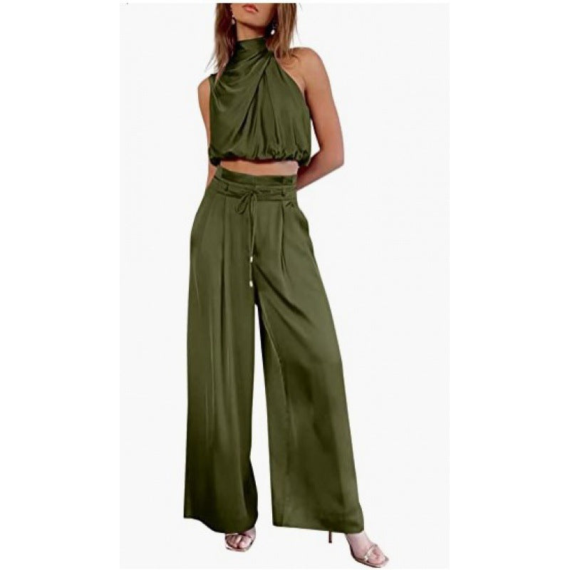 Women's Summer Sets Casual Sleeveless Midriff-baring Top & Wide Leg Pants 2pcs Set