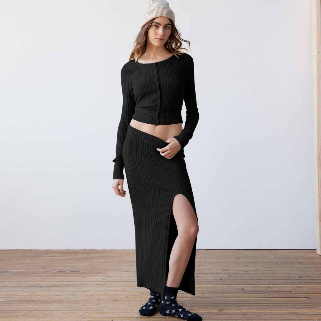 Long-sleeve Top & Maxi Split Skirt Set