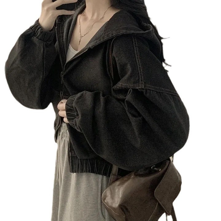 Retro Zipper All-matching Loose Casual Long Sleeve Hooded Short Denim Coat For Women