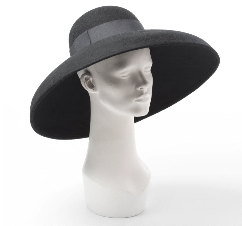 Classic Style Black Pure Wool Tilted Wide Brim Hat for Women