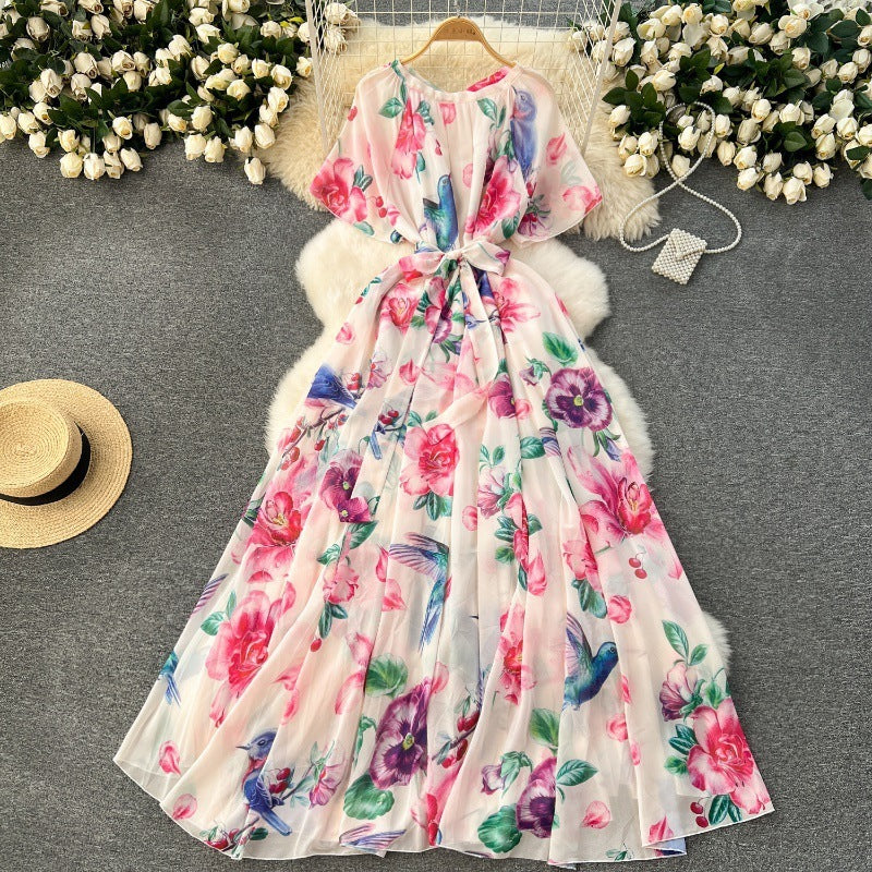 Printed Lace Up Waist-tight Dress