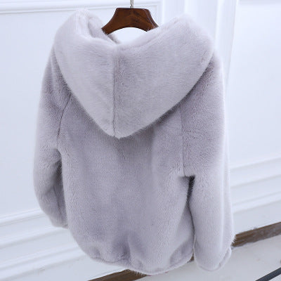 Autumn and winter new Korean version of the rabbit fur grass short female imitation mink loose plush hooded thick coat