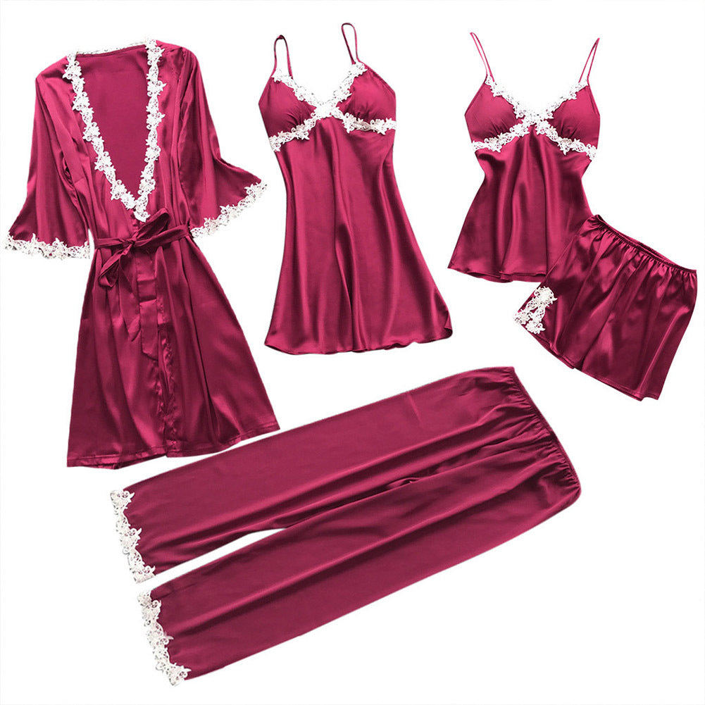 Lace-Trim Satin Nightwear 5-Pc Set