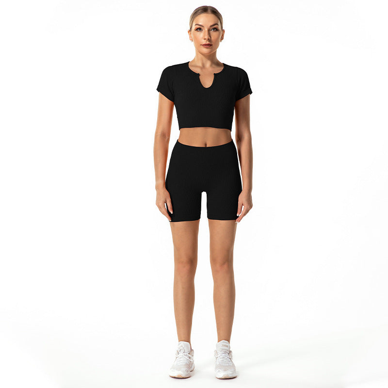 Padded V-neck Short-sleeved High-waisted Knitted Running Fitness Tracksuit