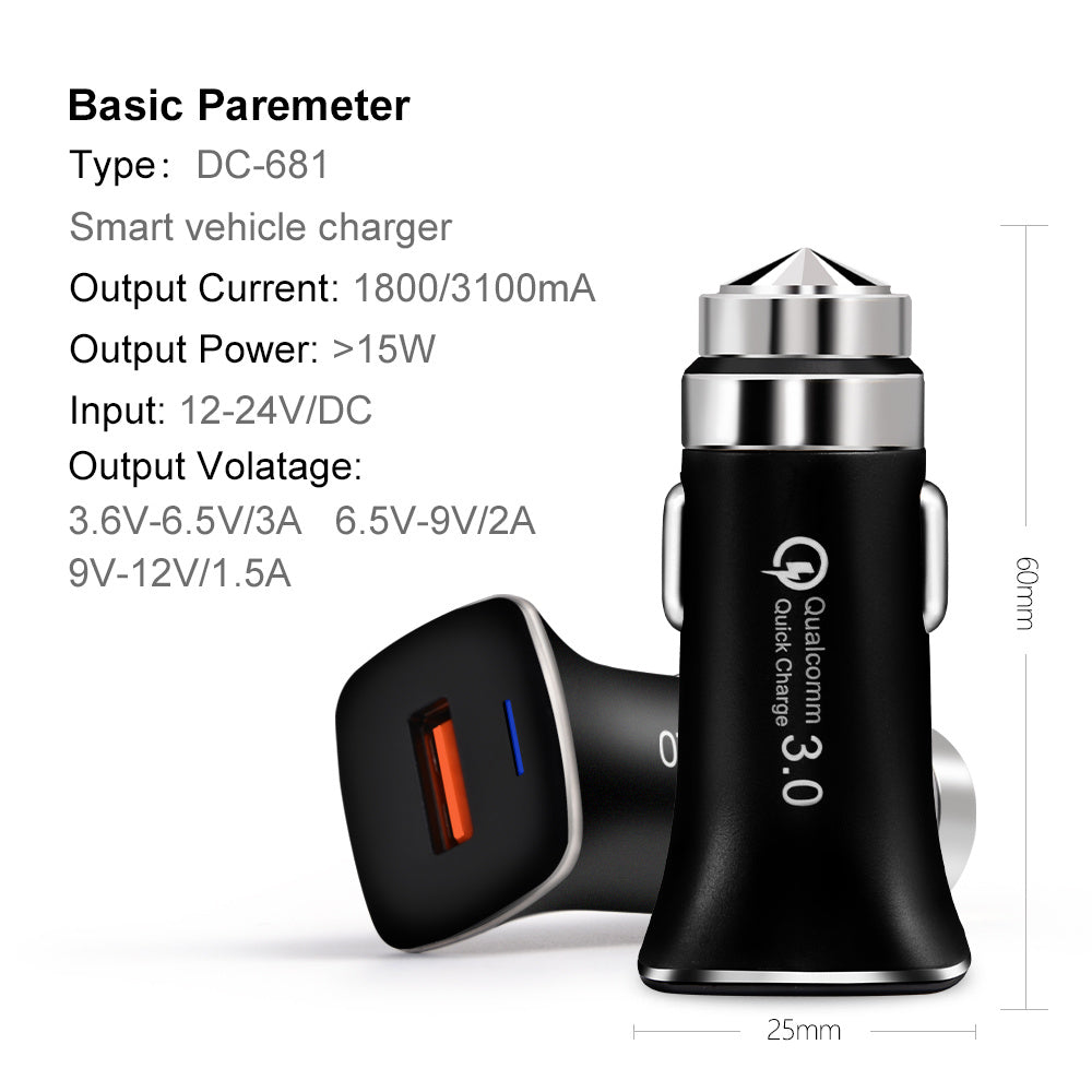Metal safety hammer car charger QC 3.0
