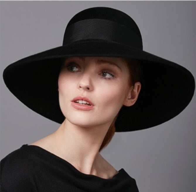 Classic Style Black Pure Wool Tilted Wide Brim Hat for Women