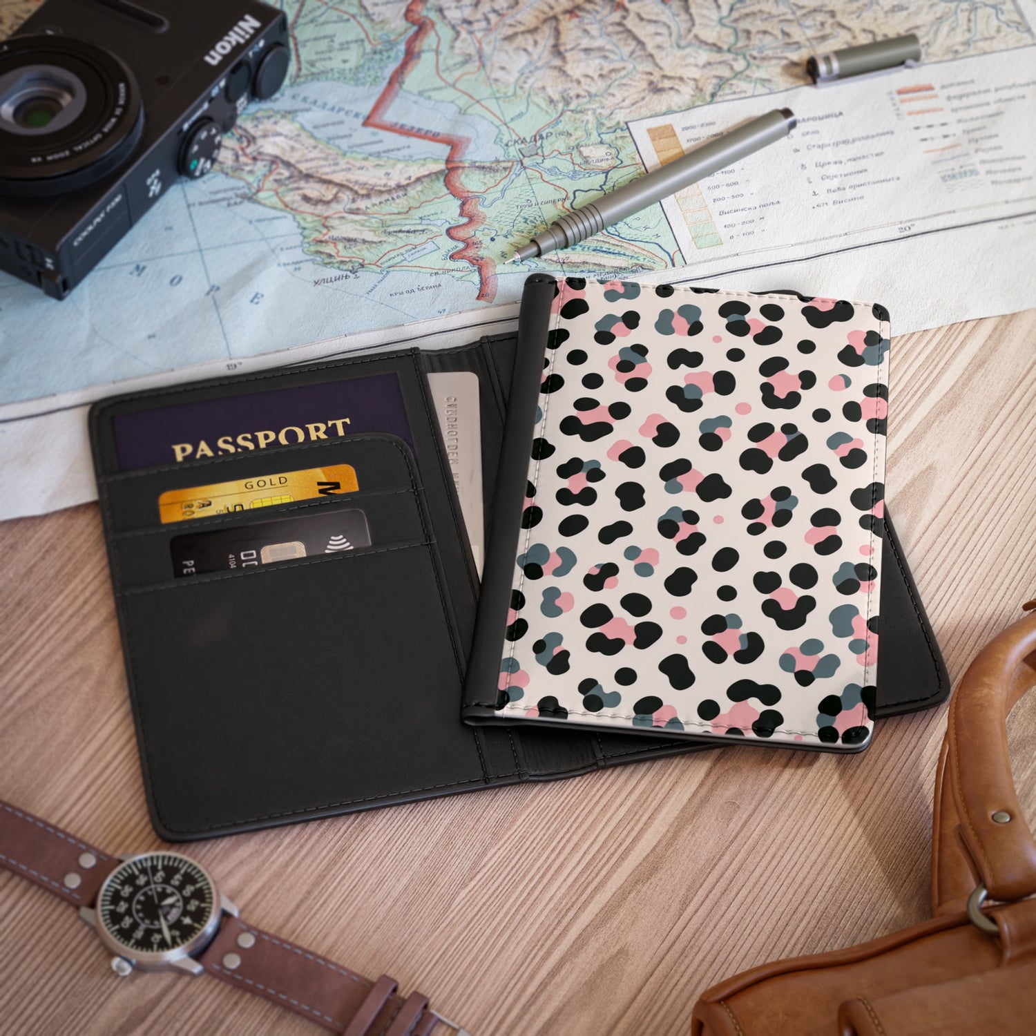 Pink Grey Leopard Passport Cover