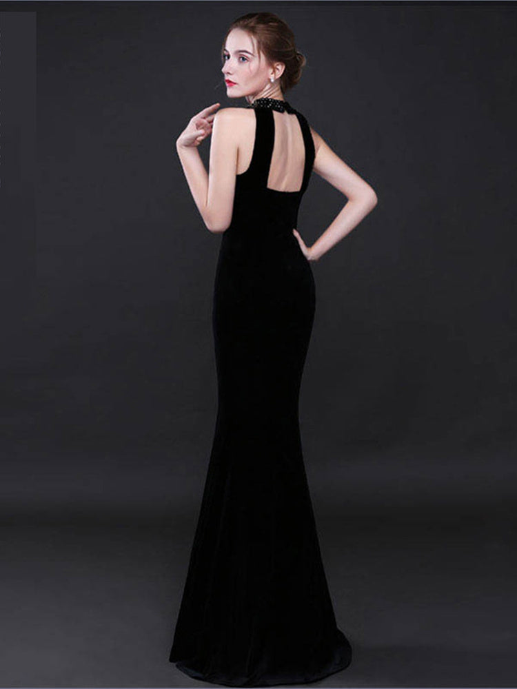 Vintage Elegant Velour Evening Dress Sexy Backless Sleeveless Formal Robe Mermaid Floor Length Party Vestidos Halter Prom Gowns