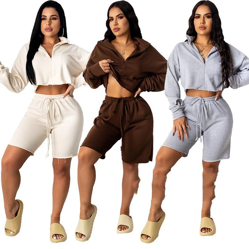 Stand-Collar Zipper Cardigan Top & Solid Color Sports Shorts Casual Set