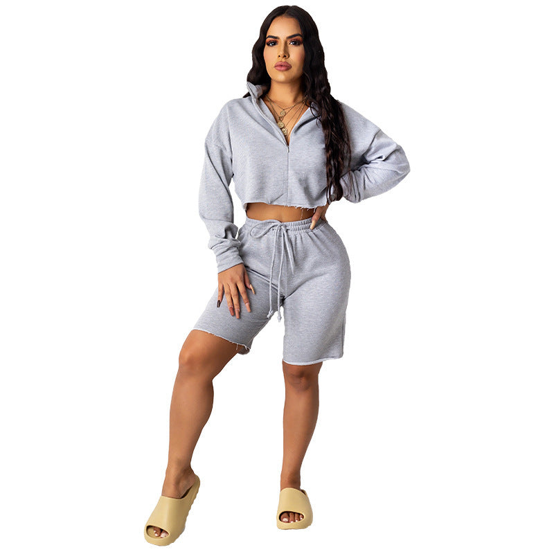 Stand-Collar Zipper Cardigan Top & Solid Color Sports Shorts Casual Set