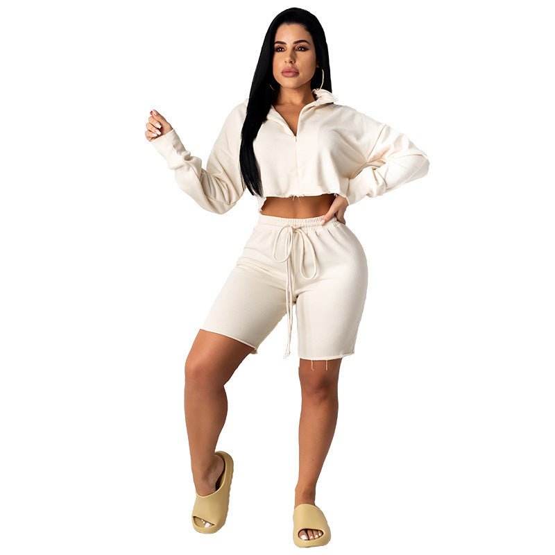 Stand-Collar Zipper Cardigan Top & Solid Color Sports Shorts Casual Set