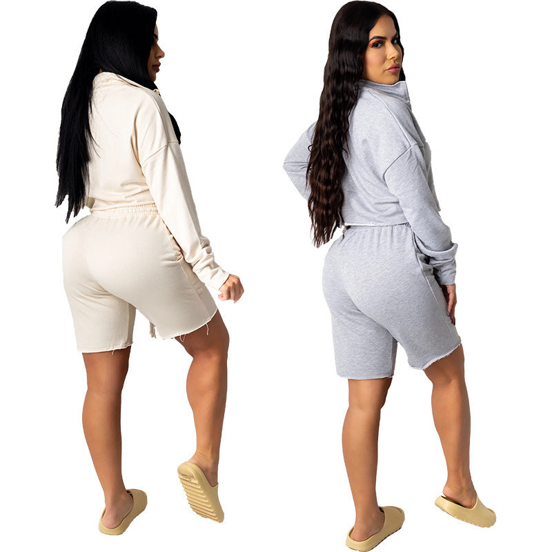 Stand-Collar Zipper Cardigan Top & Solid Color Sports Shorts Casual Set