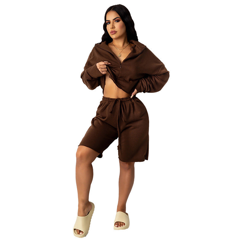 Stand-Collar Zipper Cardigan Top & Solid Color Sports Shorts Casual Set