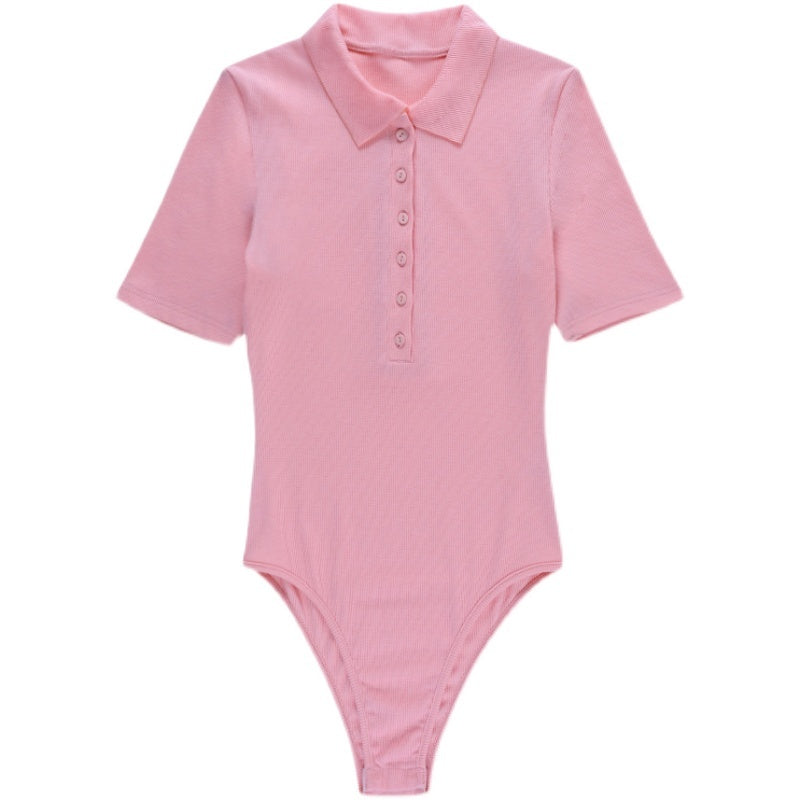 Instahot Polo Neck Short Sleeve One-Piece T-Shirt Women''S Fashion Slim Solid Button Top