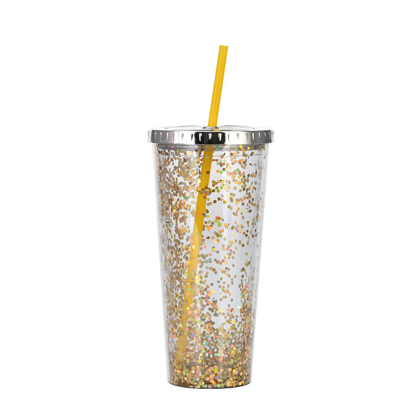 Creative Color Sequins Cup Straw Cold Cup with Lids and Straws Mug Plastic Straight Cup