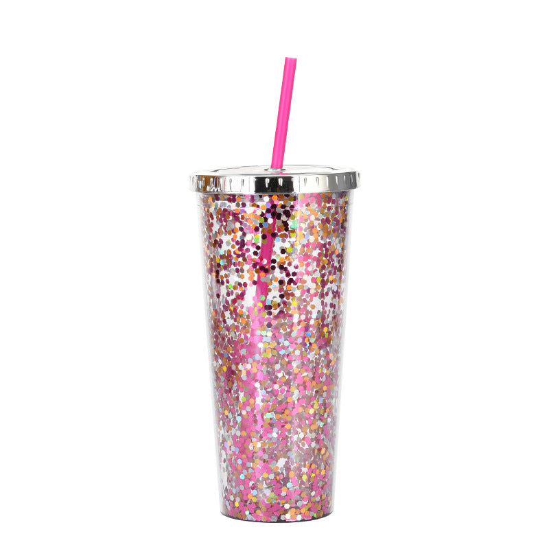 Creative Color Sequins Cup Straw Cold Cup with Lids and Straws Mug Plastic Straight Cup