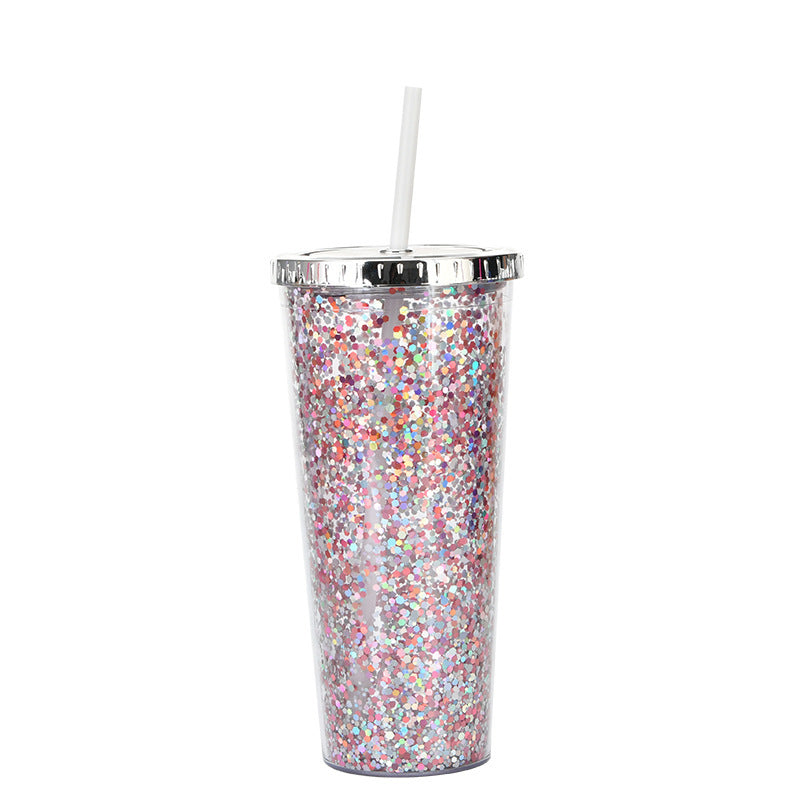 Creative Color Sequins Cup Straw Cold Cup with Lids and Straws Mug Plastic Straight Cup