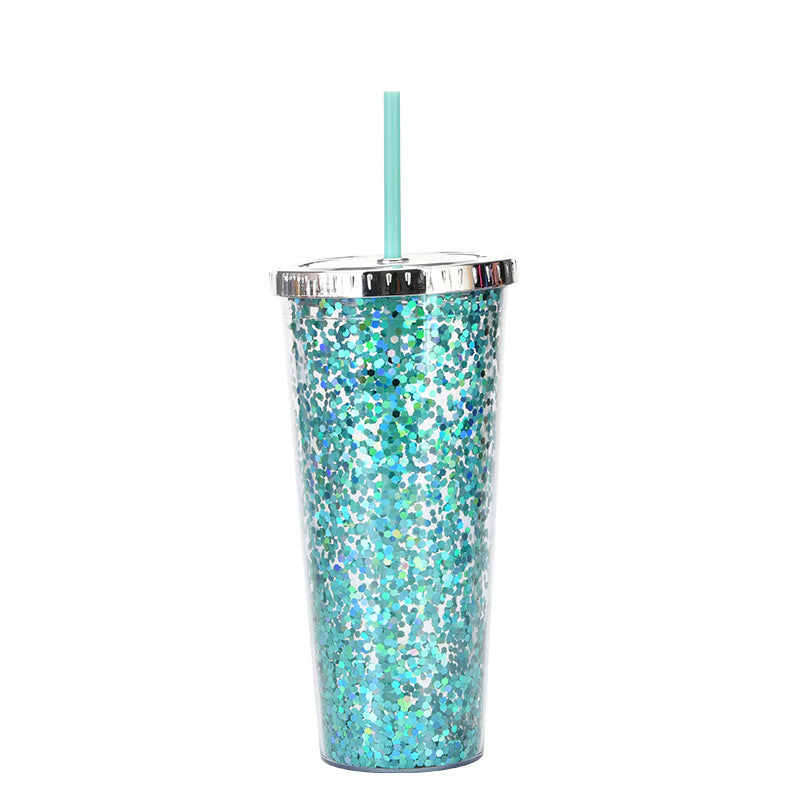 Creative Color Sequins Cup Straw Cold Cup with Lids and Straws Mug Plastic Straight Cup