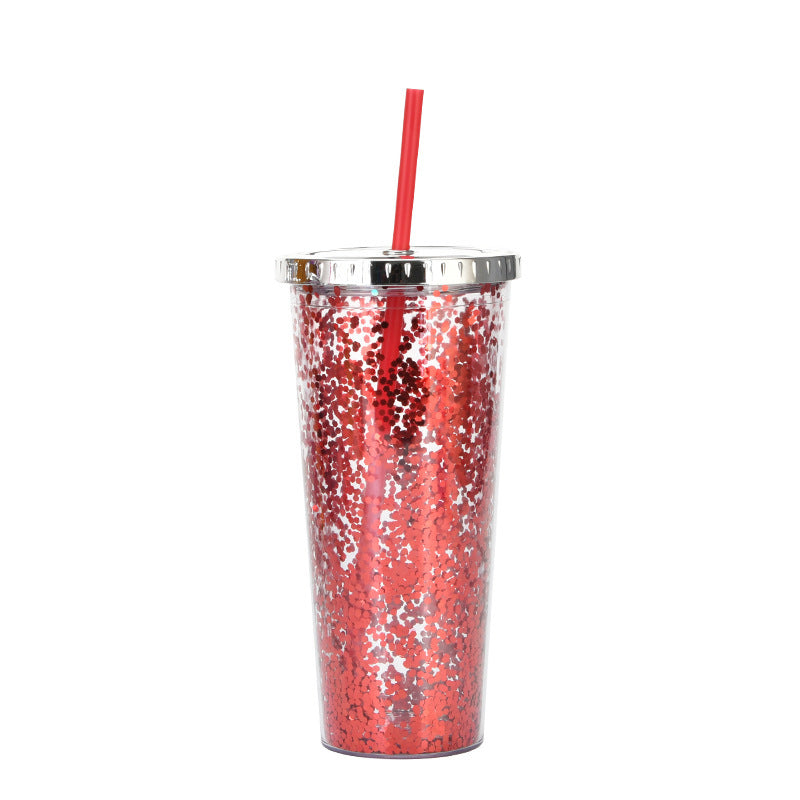 Creative Color Sequins Cup Straw Cold Cup with Lids and Straws Mug Plastic Straight Cup