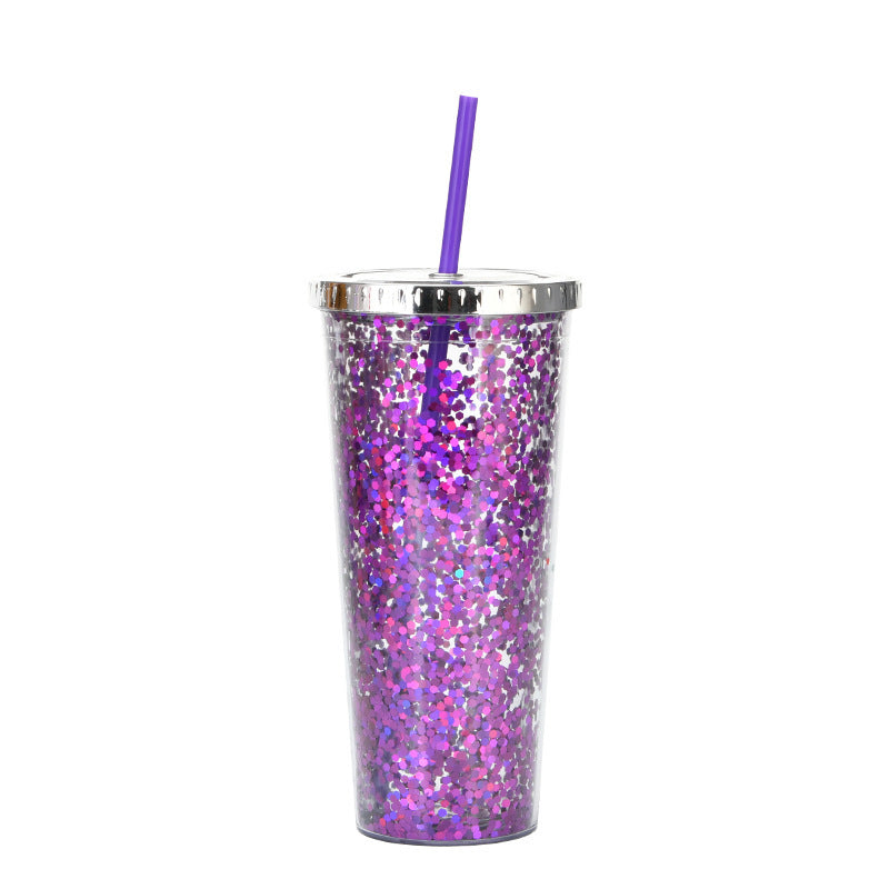 Creative Color Sequins Cup Straw Cold Cup with Lids and Straws Mug Plastic Straight Cup