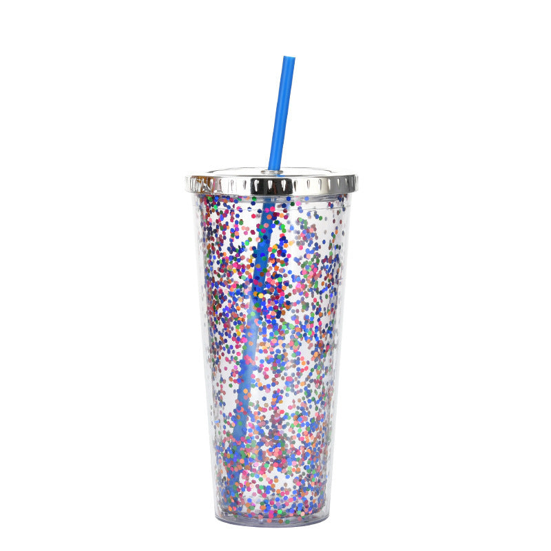 Creative Color Sequins Cup Straw Cold Cup with Lids and Straws Mug Plastic Straight Cup