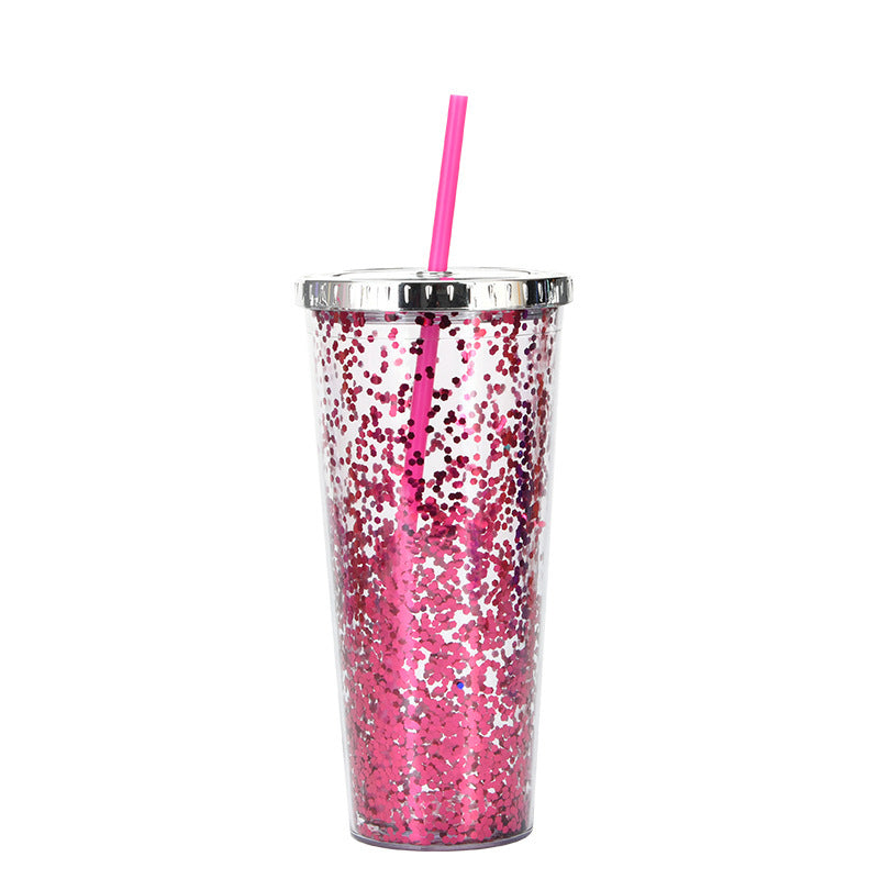 Creative Color Sequins Cup Straw Cold Cup with Lids and Straws Mug Plastic Straight Cup