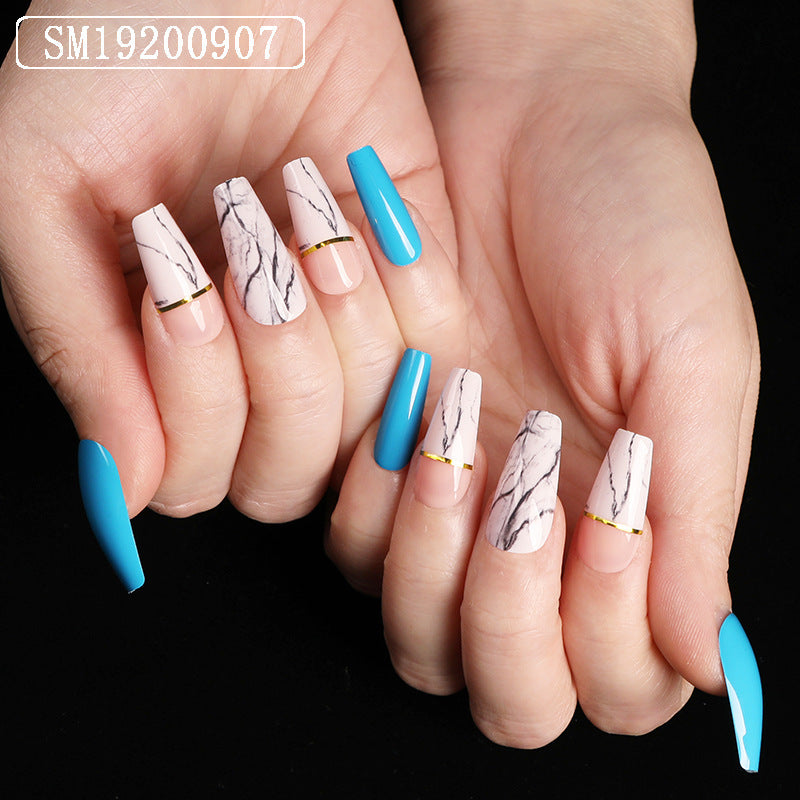 Geometric Teal Blue Ballet Coffin Artificial Nails 24pcs