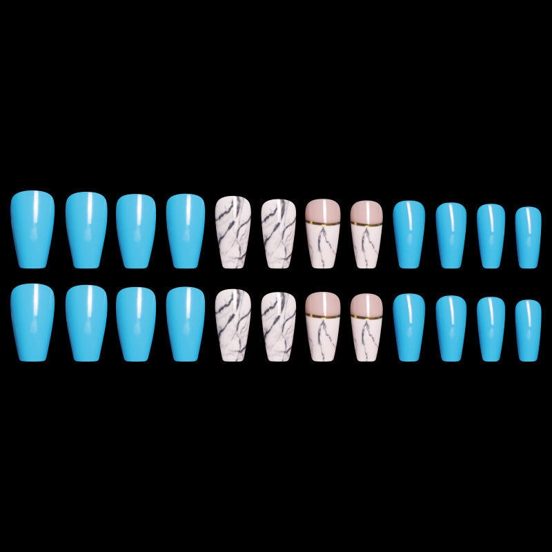 Geometric Teal Blue Ballet Coffin Artificial Nails 24pcs