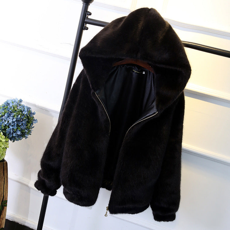Autumn and winter new Korean version of the rabbit fur grass short female imitation mink loose plush hooded thick coat