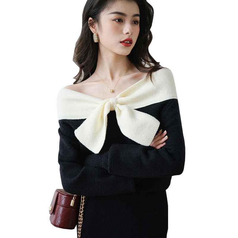 Design Niche Off-shoulder Bow Top Women's Spring New Black Knitted Chic Inner Wear T-shirt