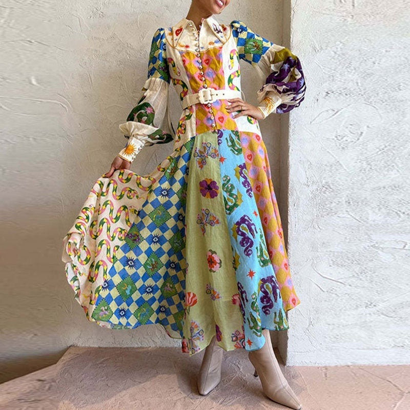 Holiday Print A-Line Dress With Belt