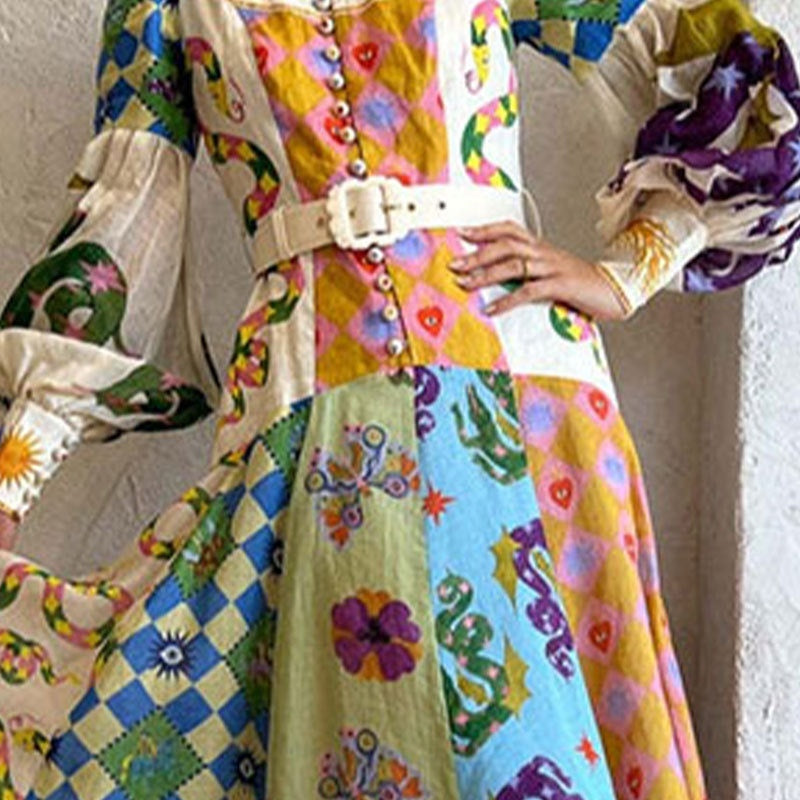 Holiday Print A-Line Dress With Belt