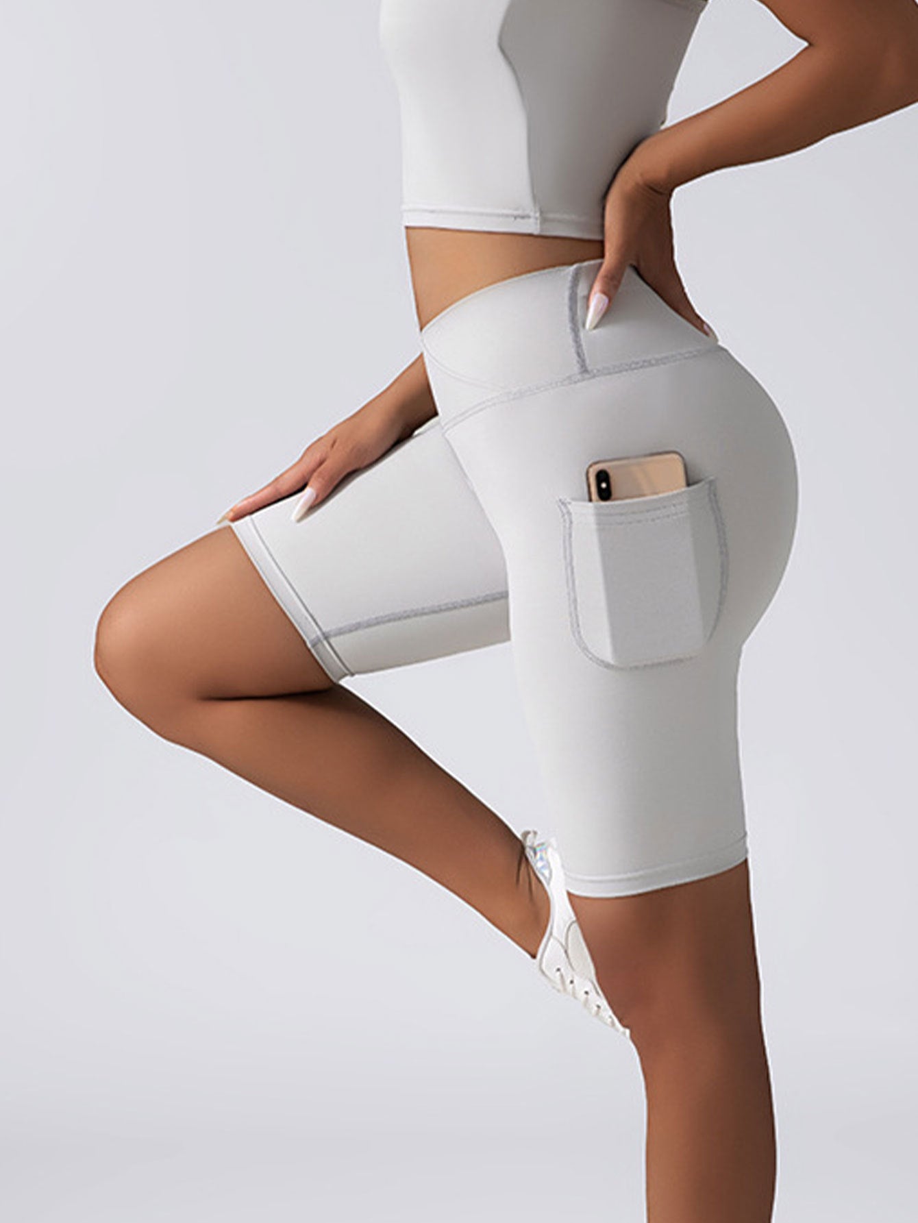 No Seam High Waist Tummy Control Yoga Gym Workout Running Biker Short with Pocket