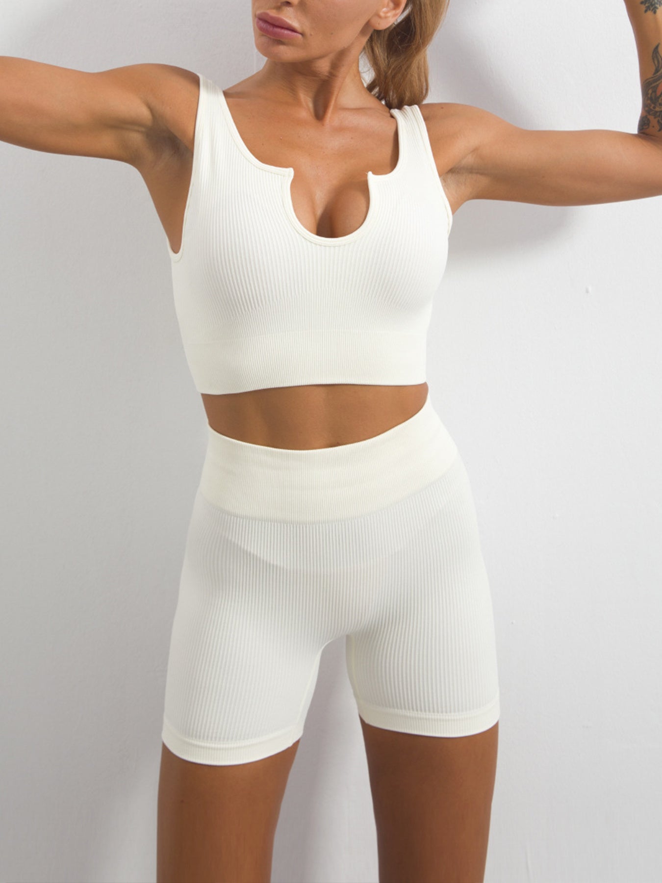 2 Piece Seamless Ribbed Crop Tank High Waist Shorts Sports Set