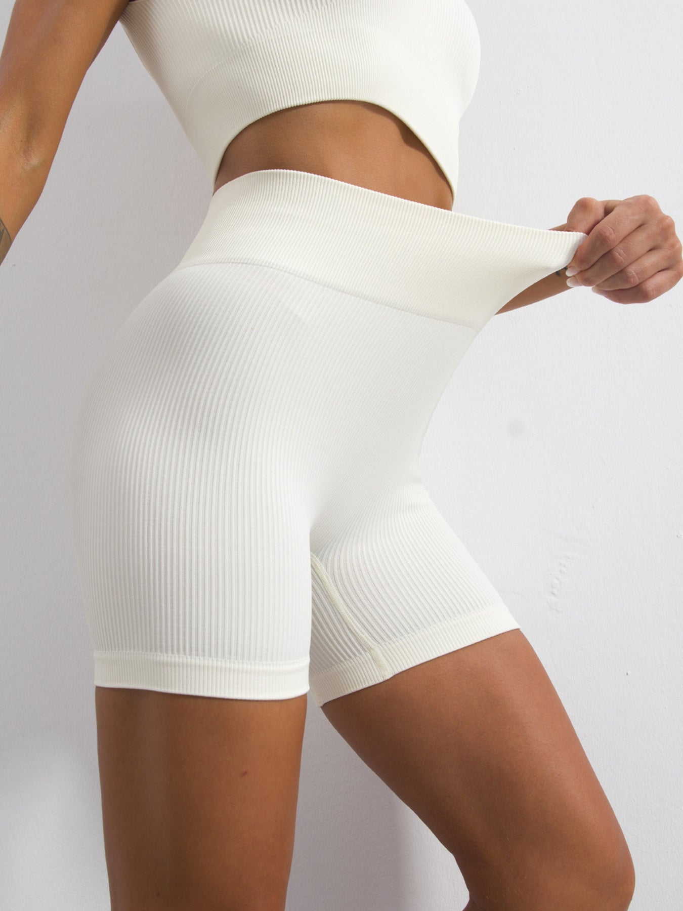 2 Piece Seamless Ribbed Crop Tank High Waist Shorts Sports Set