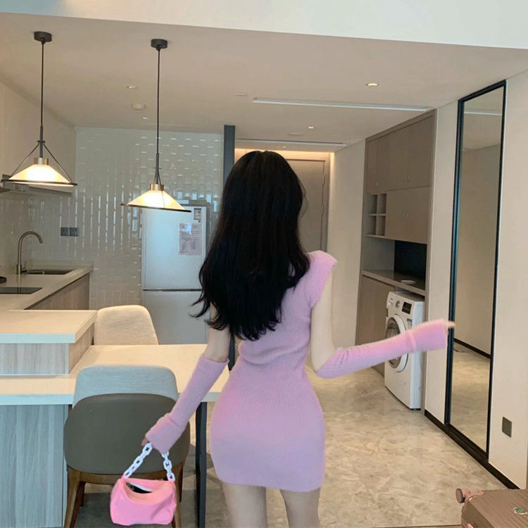 Bean Paste Marshmallow Dress Women's Sleeves Furry Sweater Dress Slim Bag